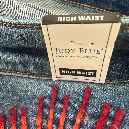 Judy Blue Shorts Womens 1XL Blue Distressed Sun Embroidery High Rise Raw Cut Off