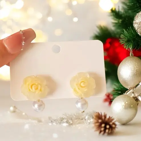 Cute Style Light Yellow Rose Flower Stud Earrings‎ Simple Design Plastic Mosaic