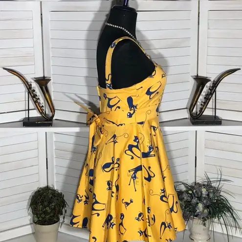Vintage 80s 90s IXIA Cat Print Mini Dress Yellow Blue Size Small