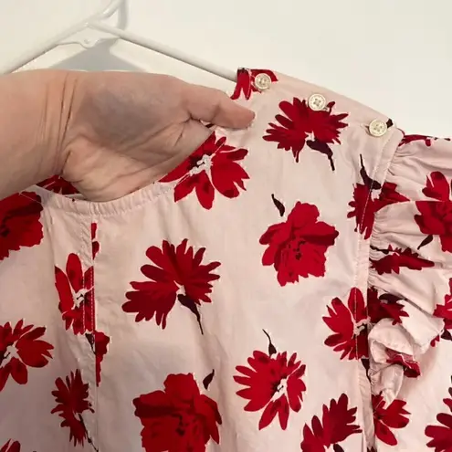 FREE ASSEMBLY Button Shoulder Blouse Long Sleeve Light Pink ? Red Floral Ruffle Size L