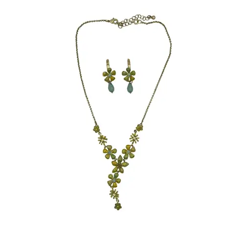 Avon Green Yellow Flower Necklace & Earrings Set Enamel Crystal Bead Vintage