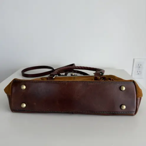 Patricia Nash Rora Frame Satchel Bag Brown Suede Leather Tan Flower Appliqué