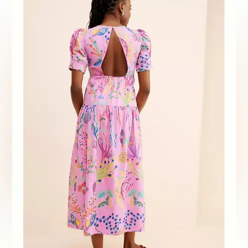 BANJANAN Valeria Midi Dress size Medium Pink Sea Beach Print Puff Sleeves