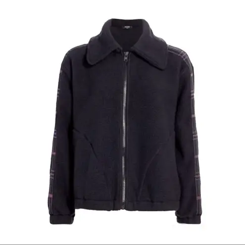 Terez NWT Oversized Black Fleece Plaid Metallic Multi Elastic Plaid Jacket Small