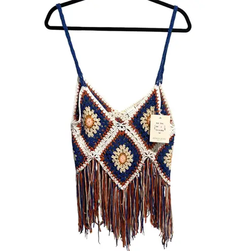 NWT Rebellion Again Granny Square Crochet Fringe Tank Top S Boho Festival Hippie Multiple