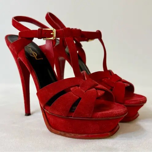 Saint Laurent YSL Tribute Platform Sandal in Red Suede Size EU 37.5
