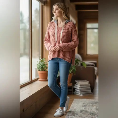 Elan Peach Cable Knit Chunky Oversized Hoodie Sweater In Size S