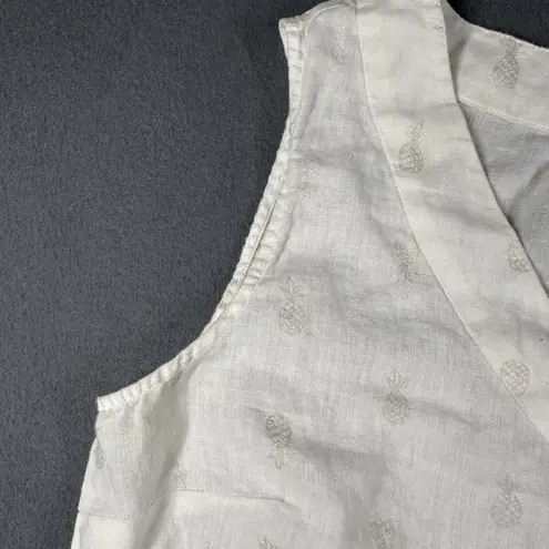 St. Tropez Tank Top Womens Lrg Linen Sleeveless Pineapple Patterned Summer V-Neck