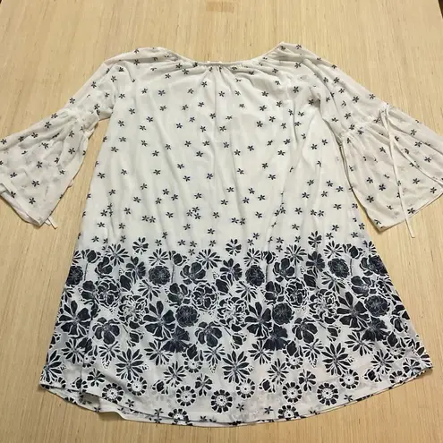 Siren Lily Dress Blue White Floral Motif Size 1X Bell Sleeve Midi Dress Fairy