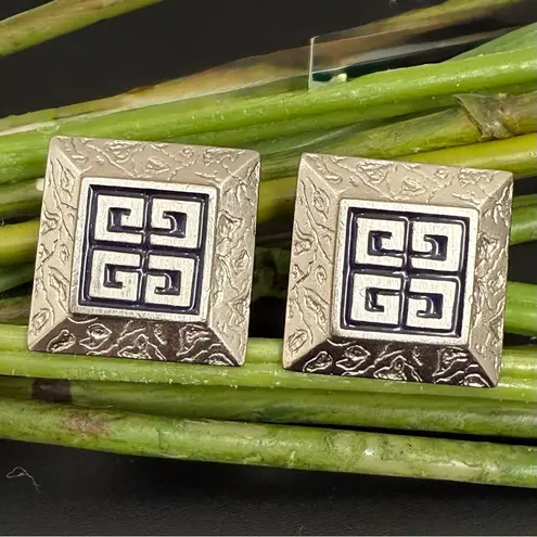 Givenchy Vintage Silver Tone Classic Logo Square Runway Statement Earrings