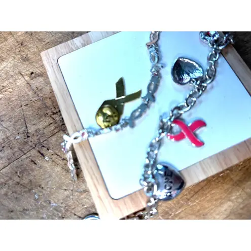 Breast Cancer Awareness Pink Ribbon Jewelry Set W/ Bracelet & Pin Silver & Pink