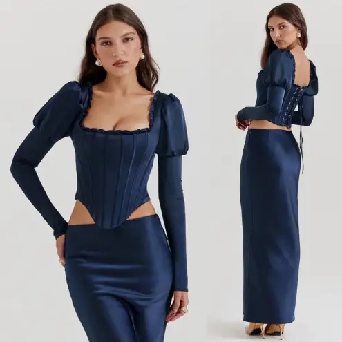 House Of CB  'Dana'‎ Navy Puff Sleeve Corset NWOT