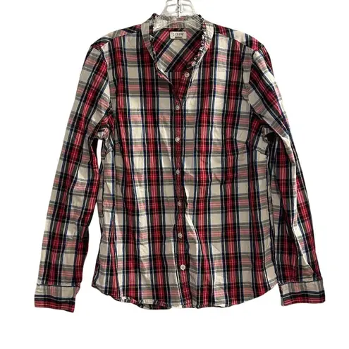 J.Crew Women's M Tartan Plaid Ruffled Collar Button