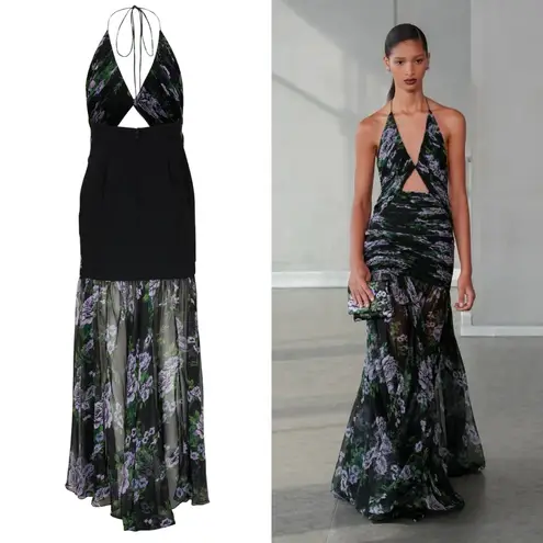 Carolina Herrera Floral Silk Chiffon Cutout Halter Maxi Gown Black Multi 4 NWT