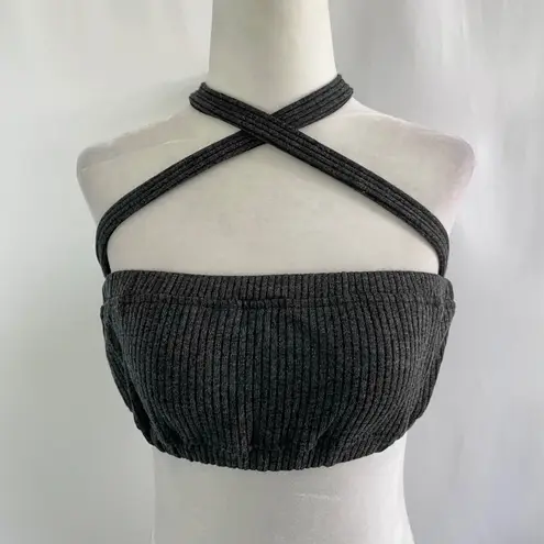 We Wore What New Tie Halter Bra Top Ribbed Knit Crop Top Charcoal Size Small