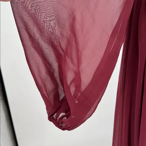 Azazie Norah Cabernet A12 bridesmaid dress sheer long puff sleeves flowy slit