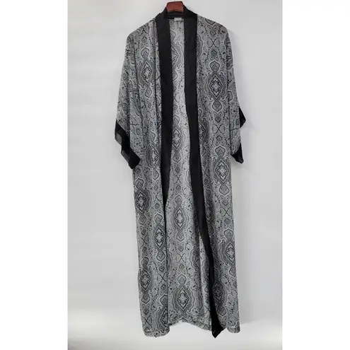 Cacique Vintage Lingerie Kimono Robe @L/XL Womens Gray Black Sheer Paisley Long