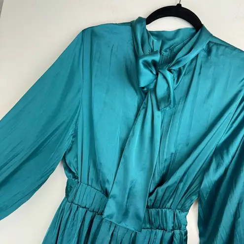 ZARA NWT  Satin Effect Mini Dress Sz Small Teal Blue Pleated Tie Back