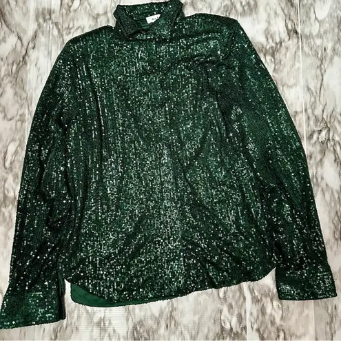 Mable Women’s Sz 6 Hidden Button Forest Green Sparkling Shirt Holiday Party NYE