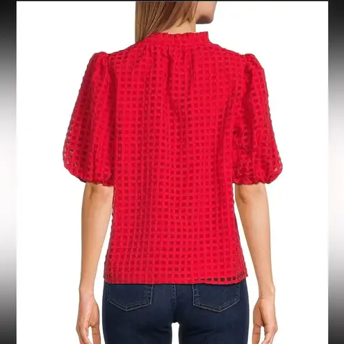 Sugar Lips  Sheer Gingham Organza Split V-Neck Puff Sleeve Blouse Red Size XS