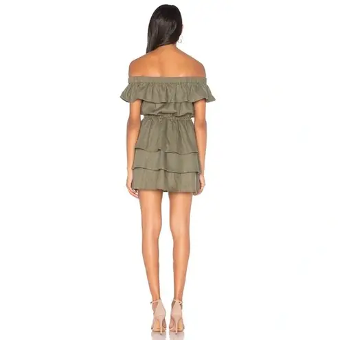 SIR The Label / Revolve Stefi Linen Off Shoulder Ruffle Mini Dress in Dark Olive