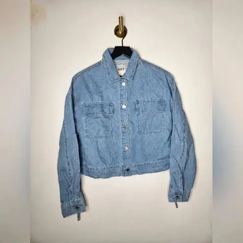 OAT New York Cropped Denim Jacket Waist Drawstrings Size‎ Small Oversized NWT Blue