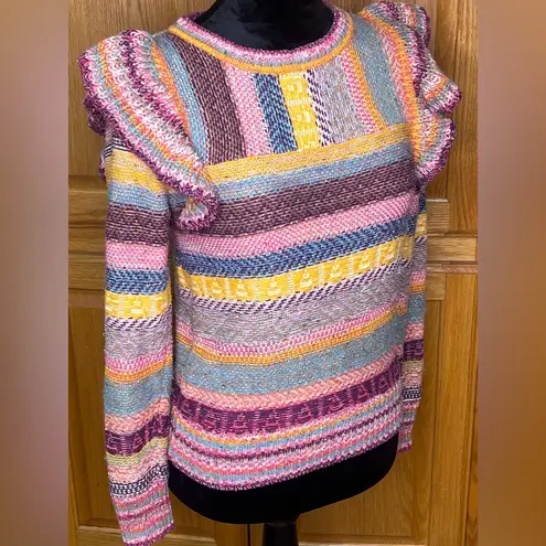 Pilcro x Anthropologie Ruffled Multicolor Rainbow Stripe Pullover Sweater Sz XS