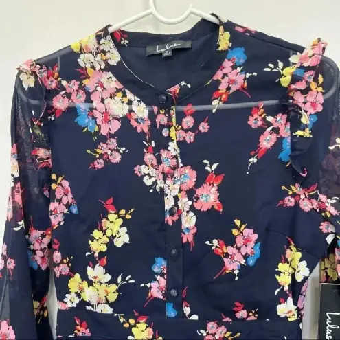LULUS In The Flowers Navy Blue Floral Print Long Sleeve Skater Dress Size S Black