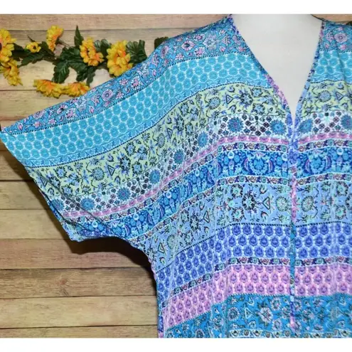 Liberty Love Blue Floral Cardigan Kimono Jacket Size L Long Fringe Festival Boho