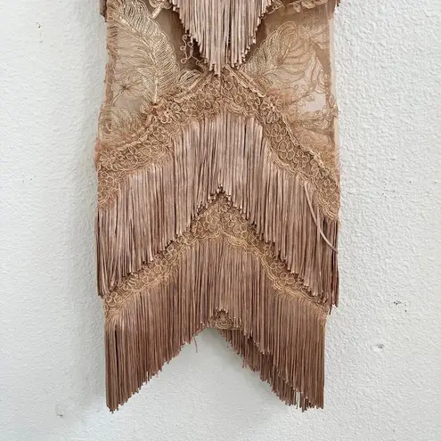 BANJUL Sheer Floral Lace Fringe V-Neck Bandage Dress Camel Brown Women's Size 2