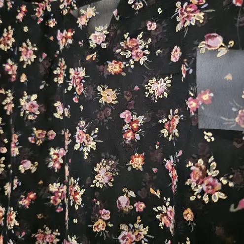 Stem & Vine Blouse Puffy Sleeves Sheer Floral Print Black Crewneck Casual Gold Size M