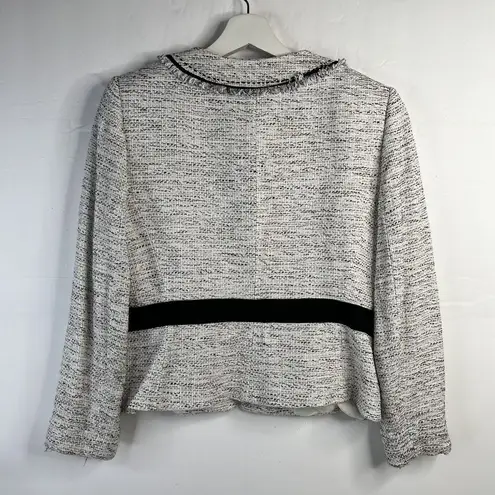 Tahari Size 6 Tweed Blazer Jacket White Black Fringe Stitch Detail V-Neck READ