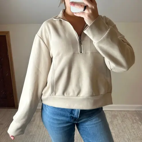 Tahari Tan Suede Quarter Zip Boxy Sweatshirt