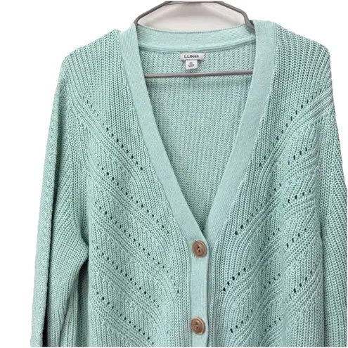 LL Bean Green Linen Cotton Button Up Cardigan Sweater Size XL Pockets