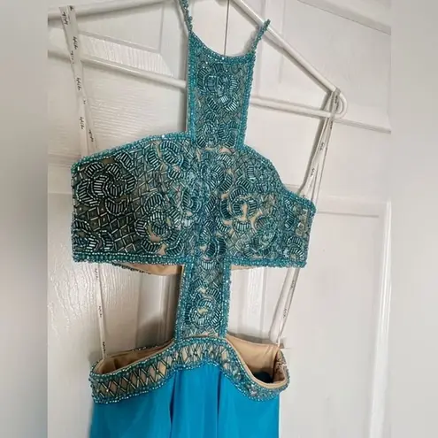 Angela and Alison teal blue beaded prom wedding ball evening gown size 0 Pageant