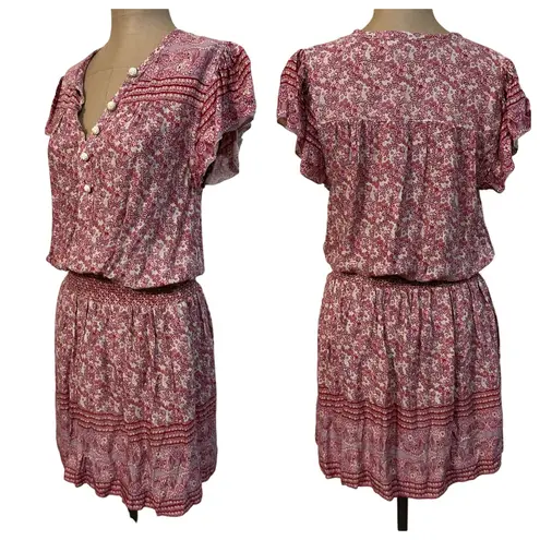 Faherty size Small Mini Dress Bemini Red Floral Print Rayon Smocked Waist A-Line