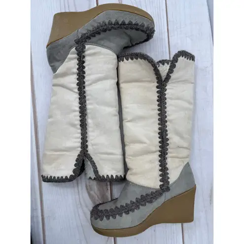 Vintage Y2K 90s American Eagle Wedge Heel Faux Suede Boots Crochet Midcalf Boho Gray Size 6.5