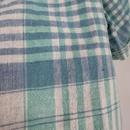 L.L. Bean Womens Popover Linen Blend Blue Madras Plaid Shirt medium Short Sleeve