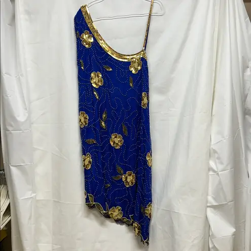 Boutique Vintage Dress Women Small Blue Cobalt Gold Sequin Hula Water Goddess Costume