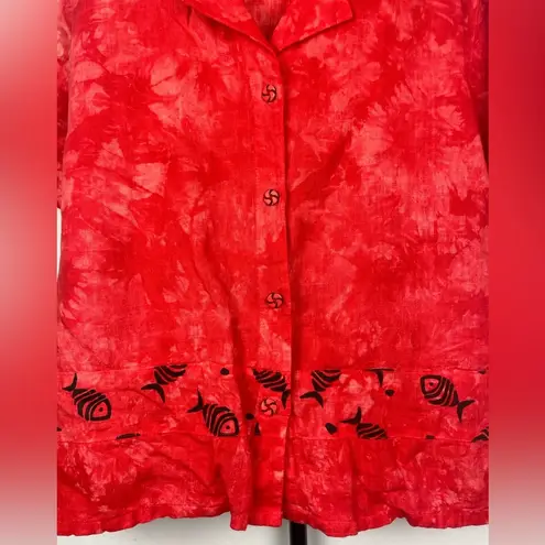 Produce Company Red Tie Dye Fish Print Linen Short Sleeve Button Up Shirt Size M