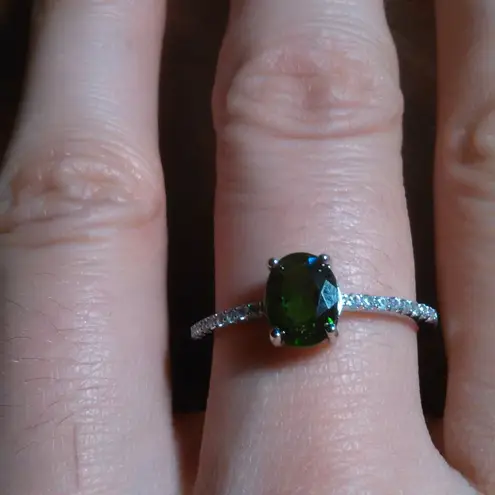 Green Chrome Diopside And White Zircon Sterling Silver Ring (Size 9)