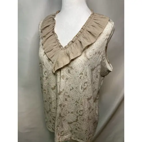 Notations Womens L Sleeveless Tan White V-Neck Ruffle Front Paisley Blouse/Top