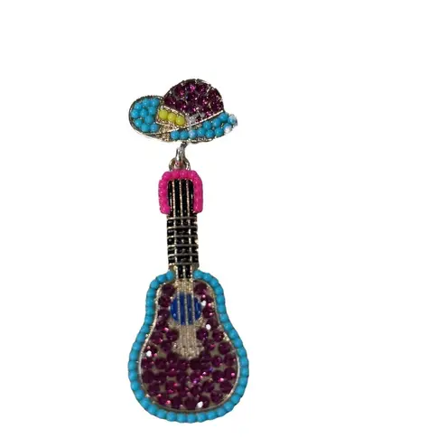 Guitar Earrings Beaded Rhinestone Dangle Drop Western Cowboy Hat New Pink