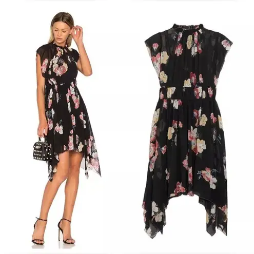 Ulla Johnson Luisa Silk Georgette Dress Noir Black Pink Floral Asymmetric Size 2