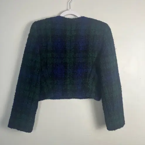 Ellen Tracy Vintage Linda Allard 90s Blue and Green Plaid Cropped Wool Blazer 8