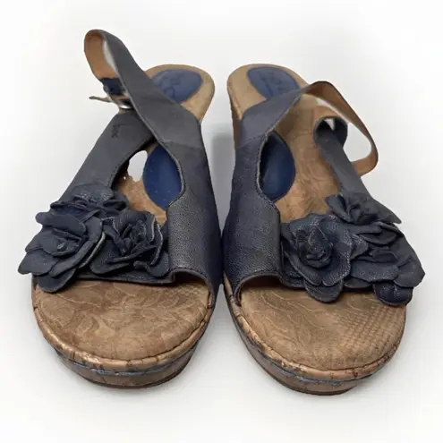Born Concept B.O.C. 10 Dandee Wedge Leather Sandal Boho Blue Peep Toe 3D Flower