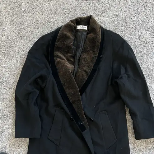 Vintage 80s Jonathan Michael Black Wool Coat Paisley Collar Made in USA L/XL Size L