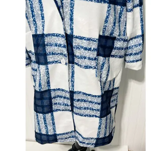 None Check Plaid Lightweight Coat Jacket Button Front Pockets White Blue Women's XL