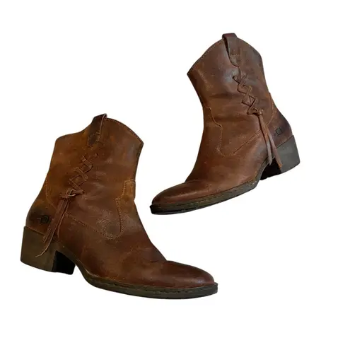 Born Karin Brown Distressed Leather Side Lace Western Ankle Boots, Sz 9