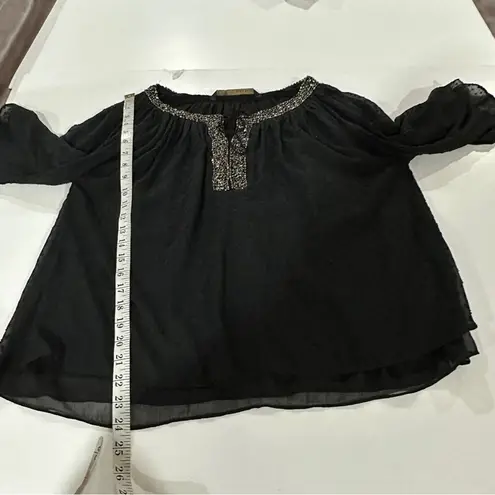 ZARA  Black Sheer Beaded Dot Embroidered Wide Sleeve‎ Top Size S